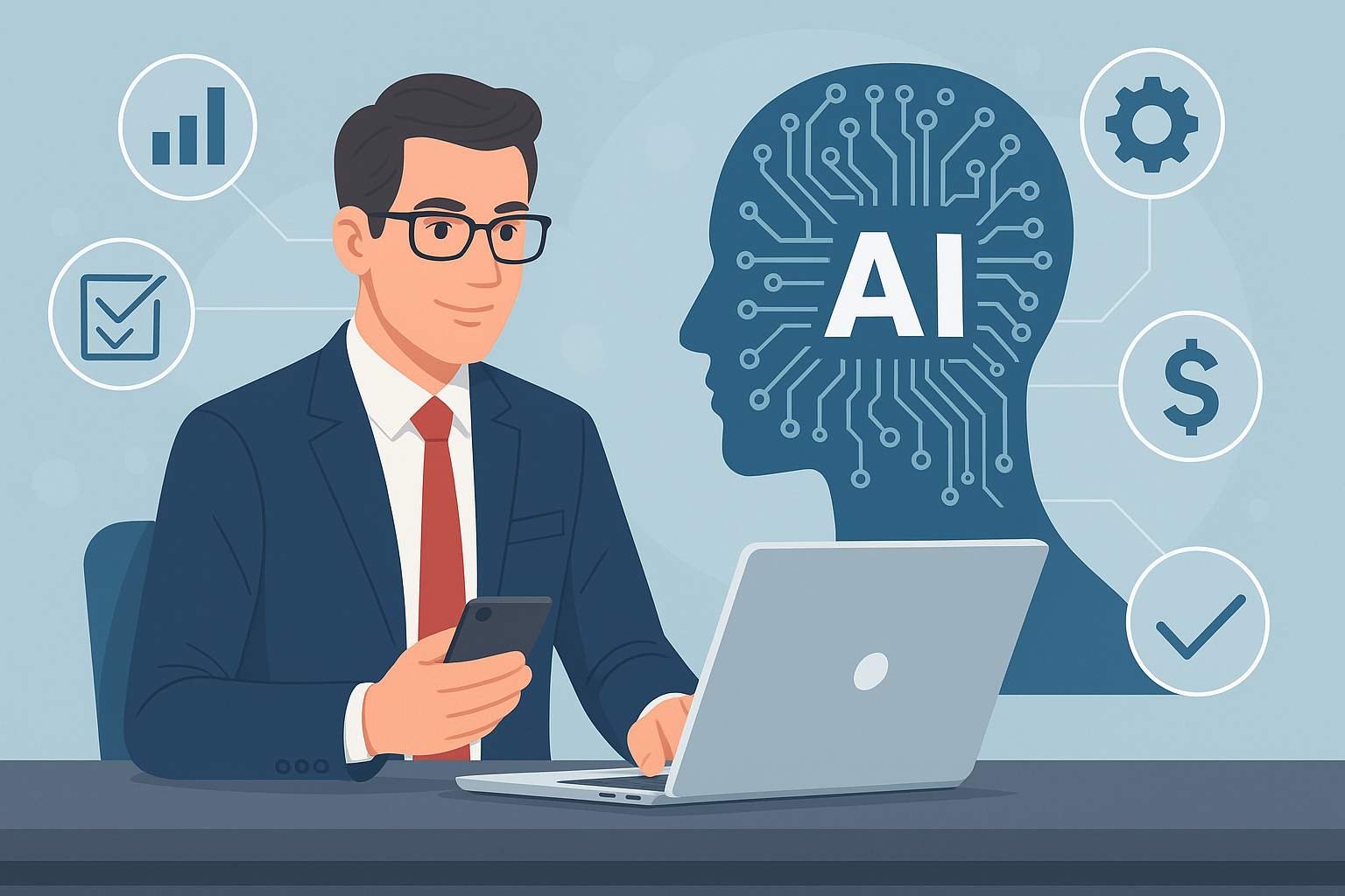 Graphic of a man sitting in front of a laptop with an AI graphic to the side