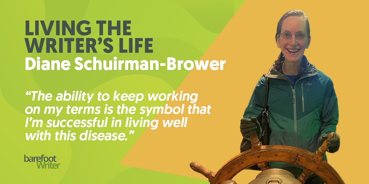 Living the writer's life banner featuring a photo of Diane Schuirman-Brower at the helm of a ship