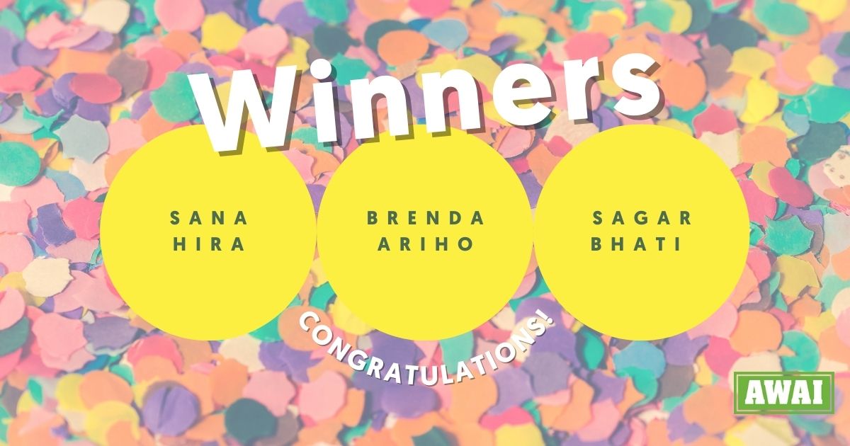 Banner announcing Sana Hira, Brenda Ariho, and Sagar Bhati as the winners of the August writing contest