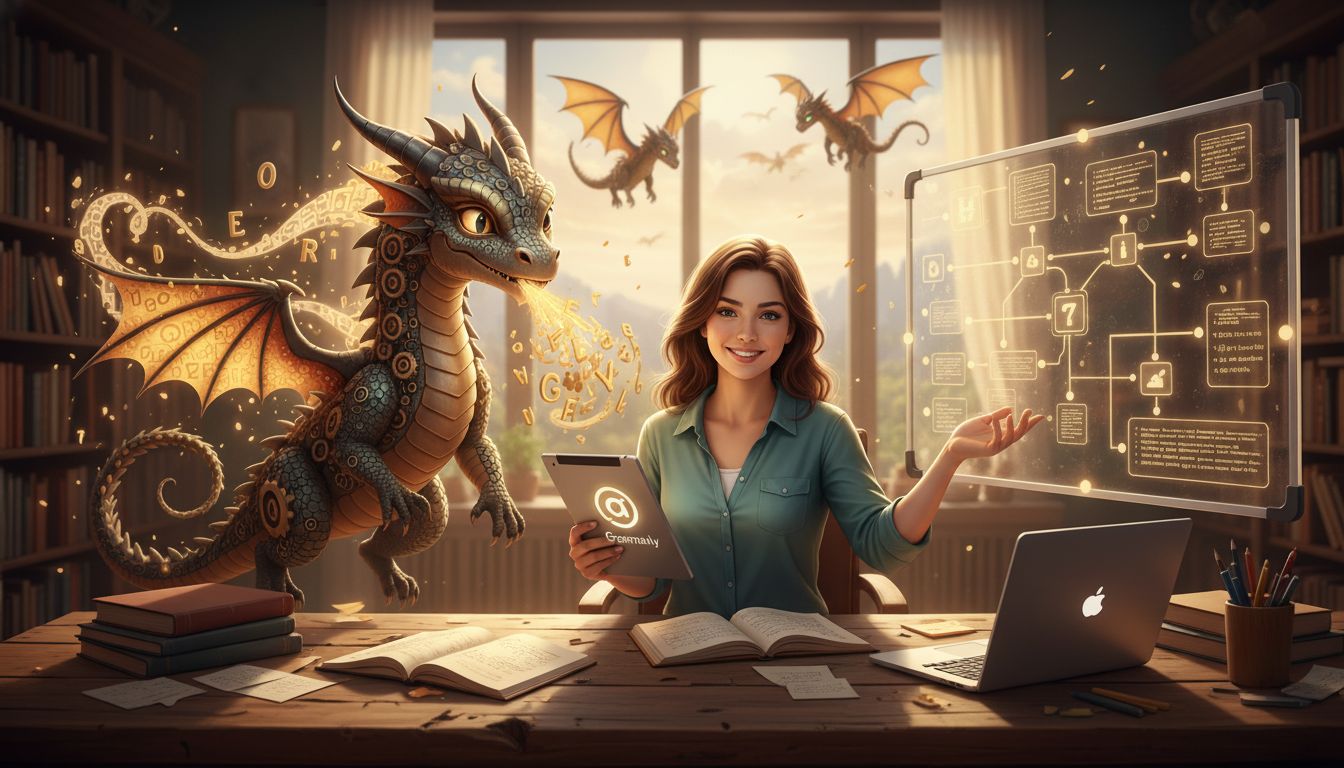 Computer generated image of a woman sitting at a writing desk with a dragon sitting over her shoulder