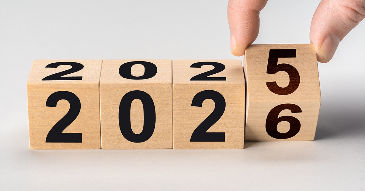 Wooden blocks that spell out '2025', with the last block being rotated from '5' to '6'