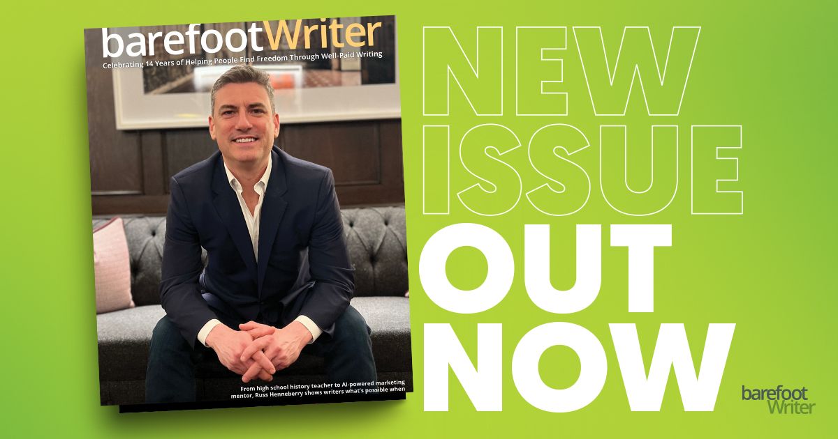 A banner with the January Barefoot Writer Magazine cover with the words: New Issue Out Now
