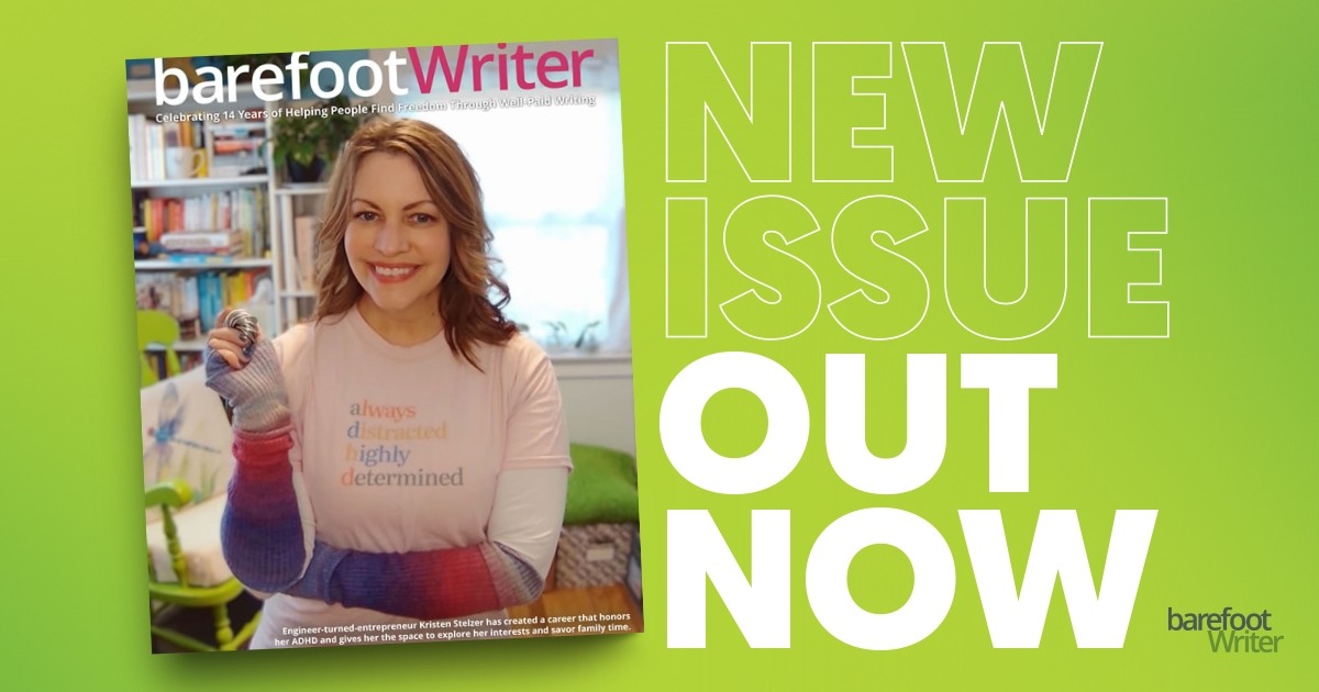 A banner with the February Barefoot Writer Magazine cover with the words: New Issue Out Now