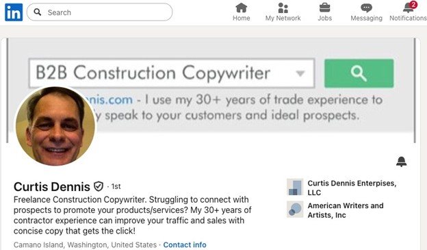 Screenshot of a LinkedIn profile header for copywriter Curtis Dennis
